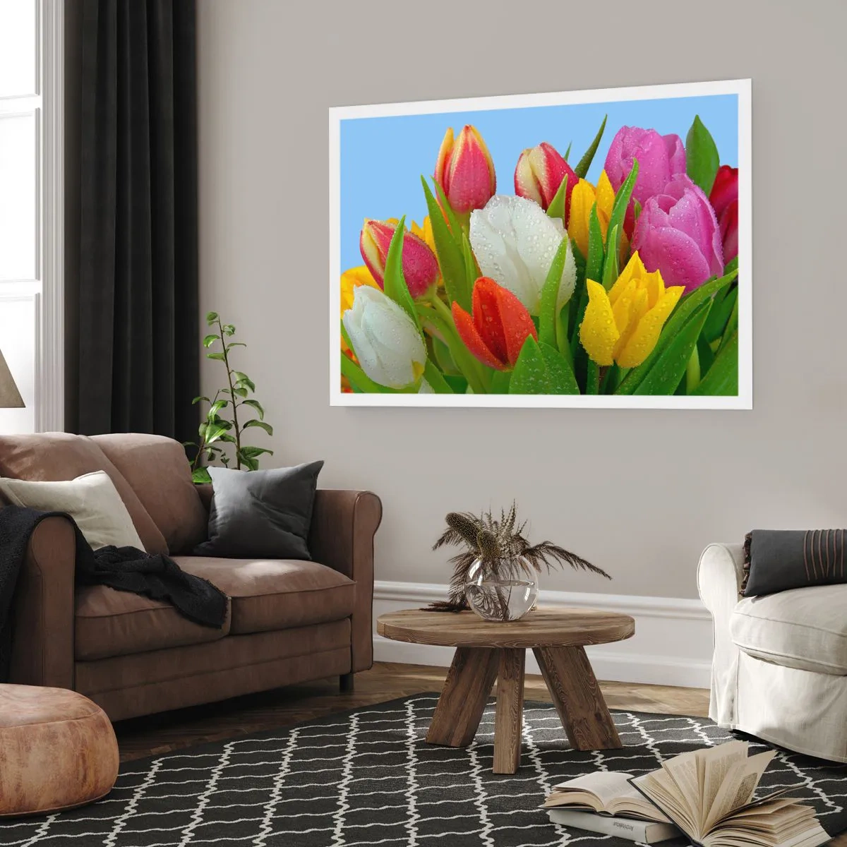 Poster - Een bloemenregenboog in dauwdruppels - 100x70 cm