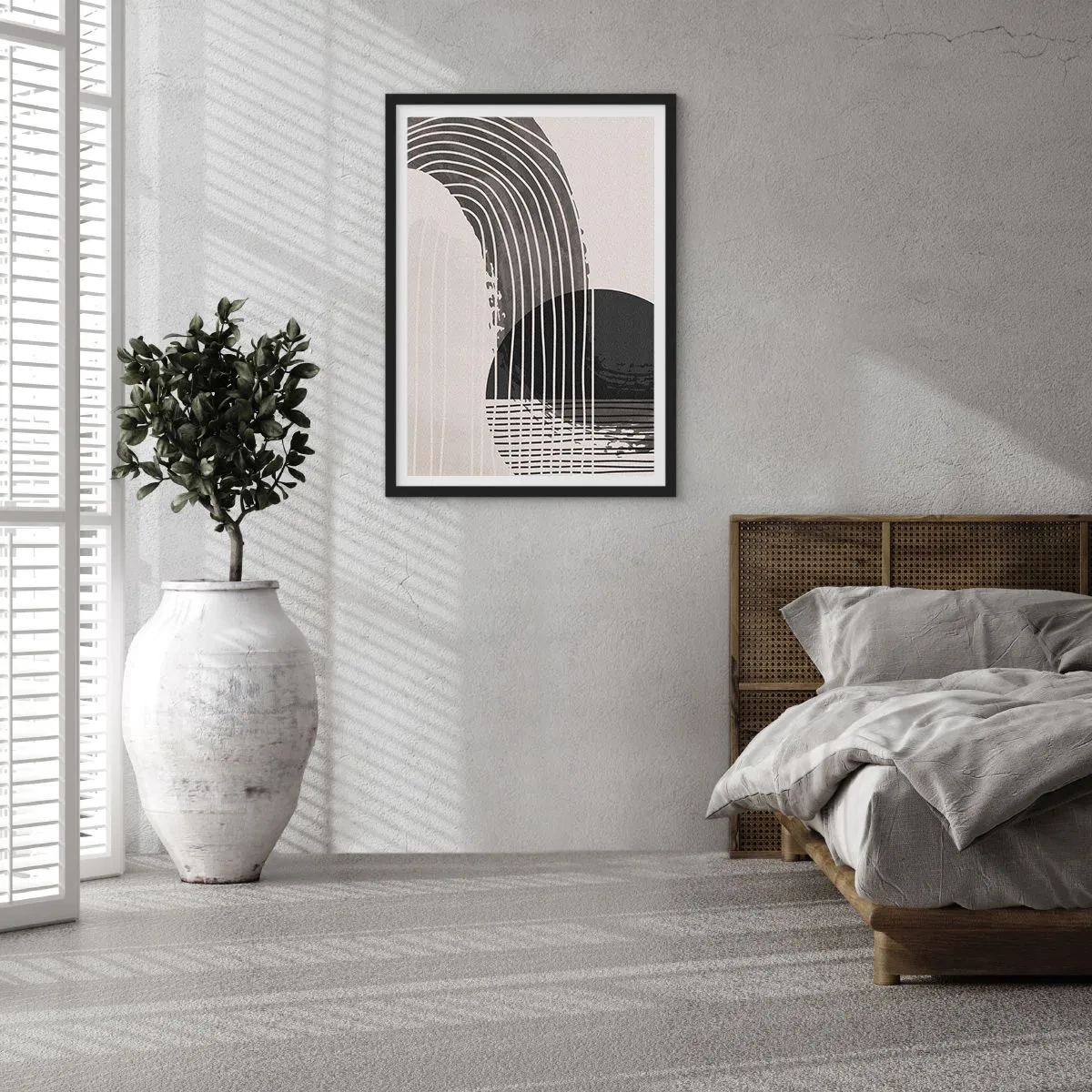 Poster in een zwarte lijst - Minimalistische abstractie in zwart-wit - 50x70cm - Daar en terug - Moderne wanddecoratie voor woonkamer en slaapkamer ARTTOR
