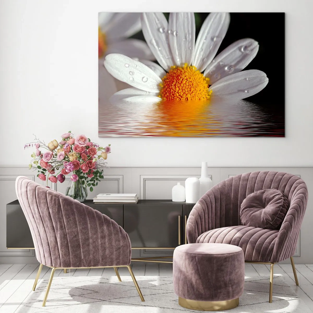 Schilderen op glas - De rijzende zon van madeliefjes - 100x70 cm