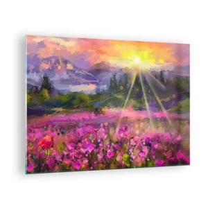 Schilderen op glas - Een pittoreske vallei vol bloemen verlicht door de zonnestralen - 70x50cm - In de vallei onder de bescherming van de zon - Moderne wanddecoratie voor woonkamer en slaapkamer ARTTOR