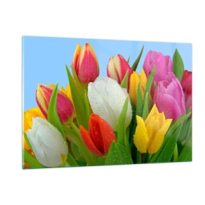 Schilderen op glas - Een bloemenregenboog in dauwdruppels - 120x80 cm