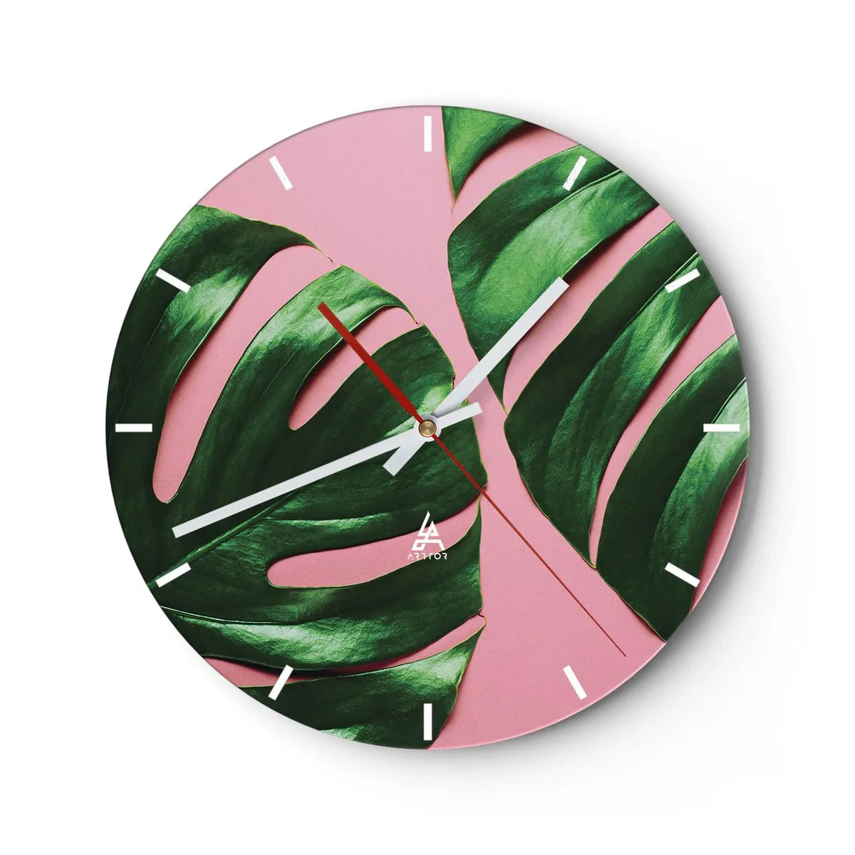 Wandklok - Klok - Groene monsterabladeren op een roze achtergrond - 30x30cm - Groene rendez-vous - Moderne wanddecoratie voor woonkamer, keuken en slaapkamer ARTTOR
