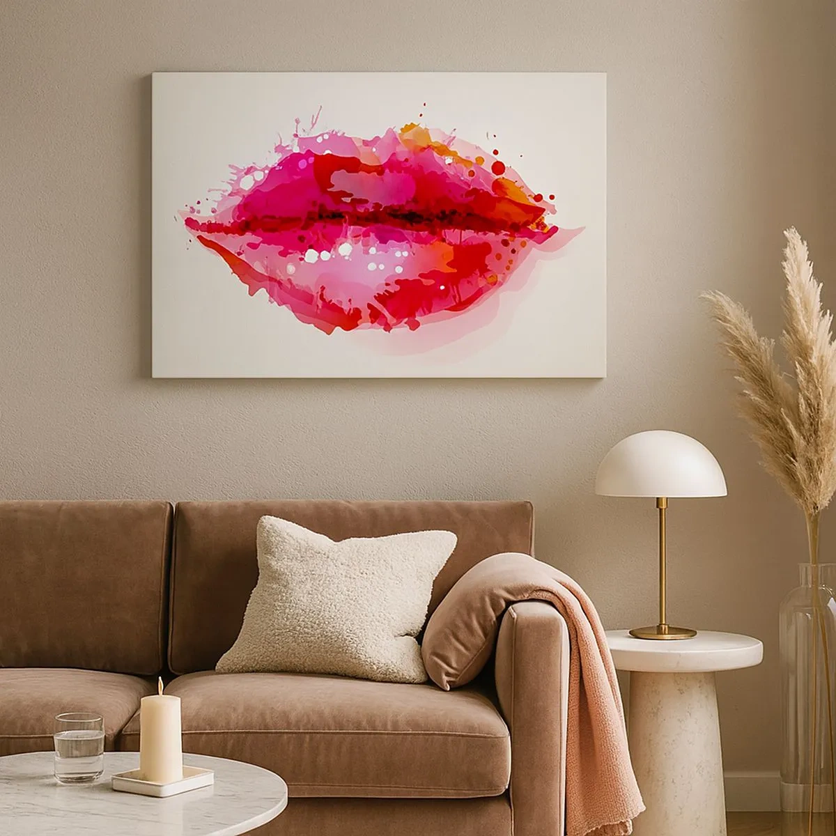 Schilderen op canvas - Abstract lipmotief in tinten roze en rood - 70x50cm - Een roodachtige tint rood - Moderne wanddecoratie voor woonkamer en slaapkamer ARTTOR