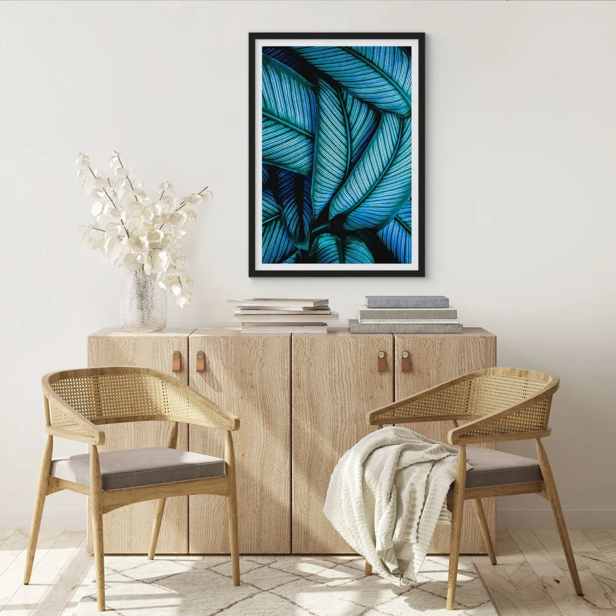 Poster in een zwarte lijst - De betoverende blauwgroene bladeren van de bananenboom - 50x70cm - Levens lijnen - Moderne wanddecoratie voor woonkamer en slaapkamer ARTTOR