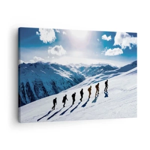 Schilderen op canvas - Een groep bergbeklimmers beklimt een besneeuwde helling - 70x50cm - Het team van de veroveraars - Moderne wanddecoratie voor woonkamer en slaapkamer ARTTOR