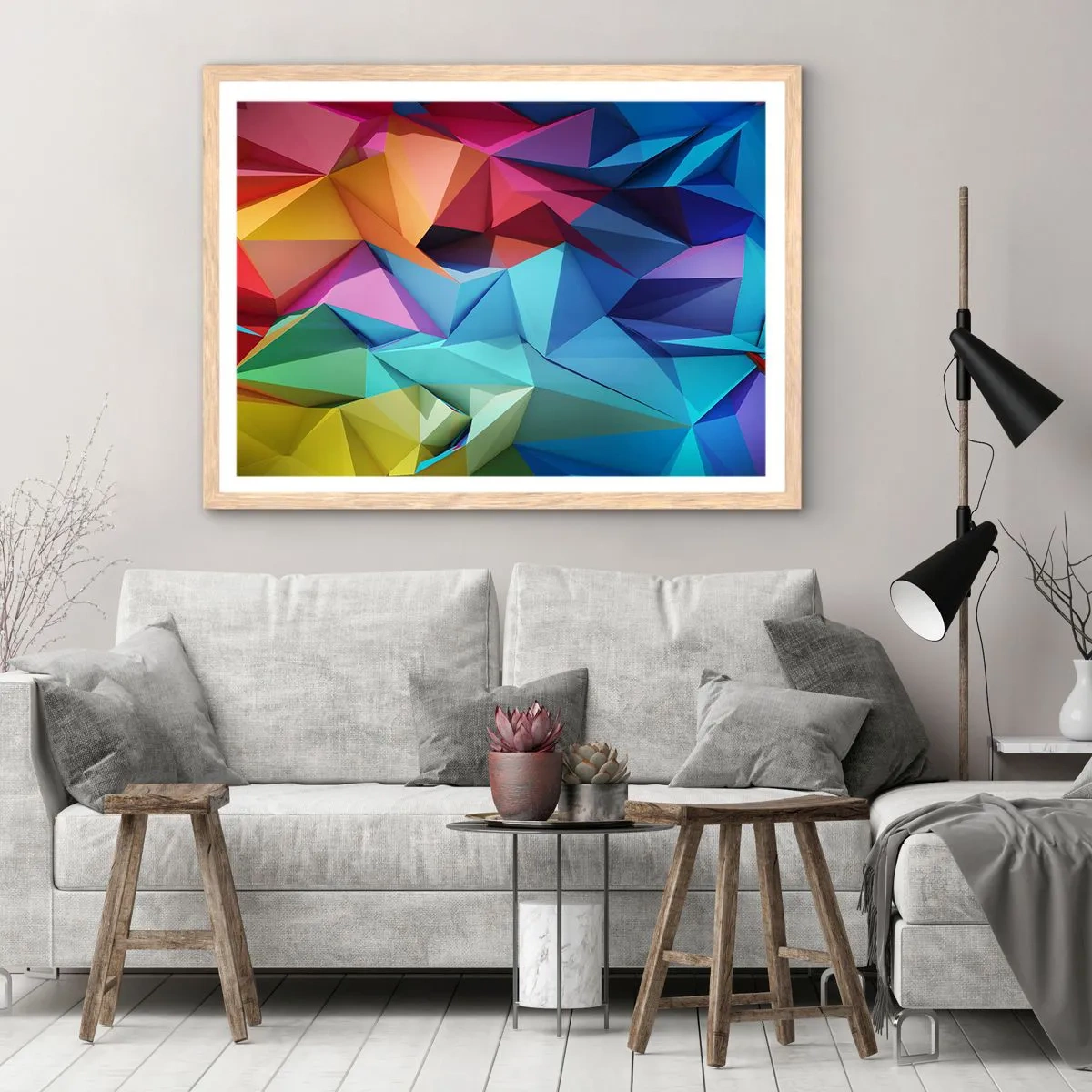 Een poster in een licht eiken lijst - Regenboog origami - 50x40 cm