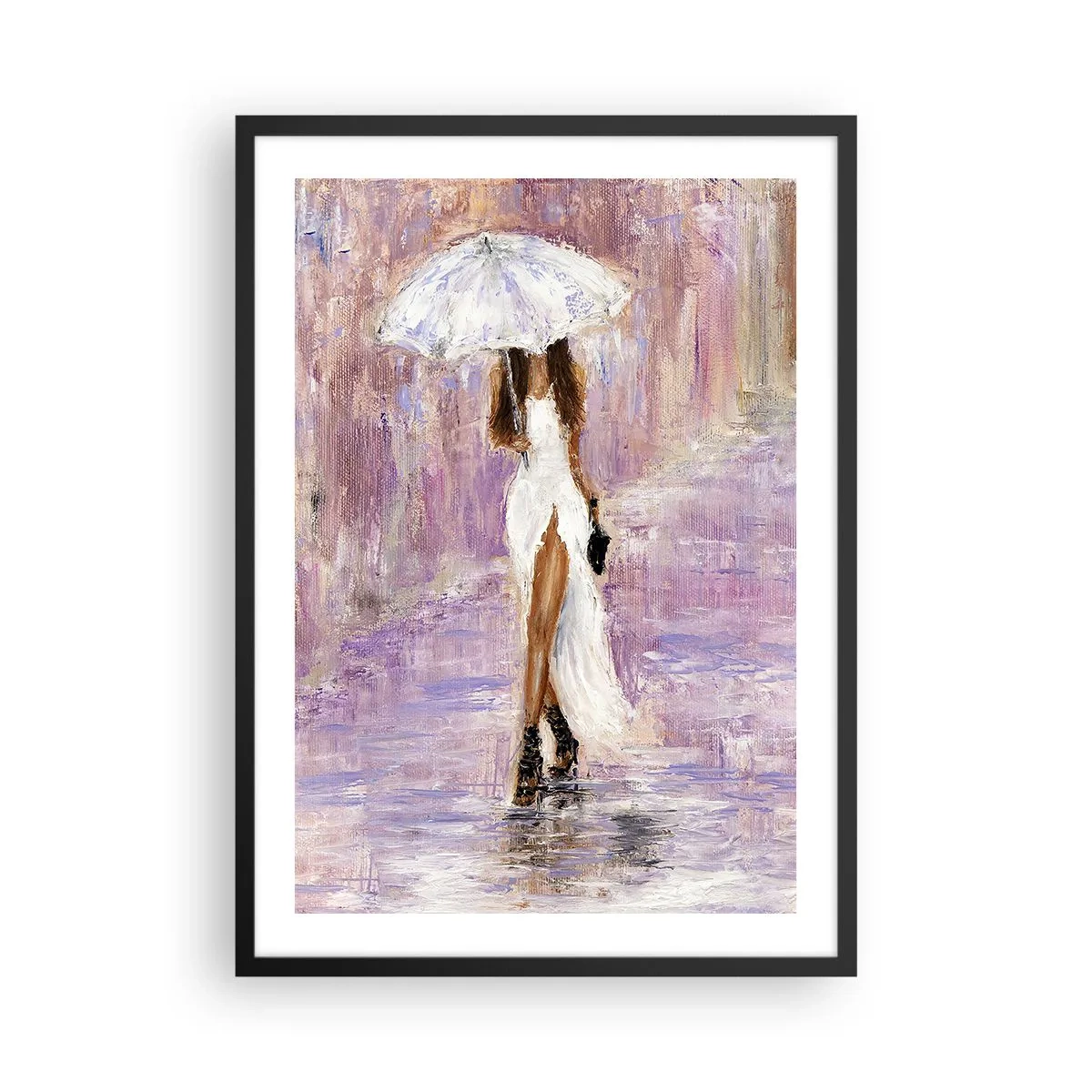 Poster in een zwarte lijst - Vrouw met paraplu in de regen - 50x70cm - In de lila regen - Moderne wanddecoratie voor woonkamer en slaapkamer ARTTOR