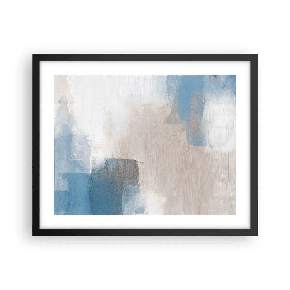 Poster in een zwarte lijst - Roze abstractie achter een blauw gordijn - 50x40 cm