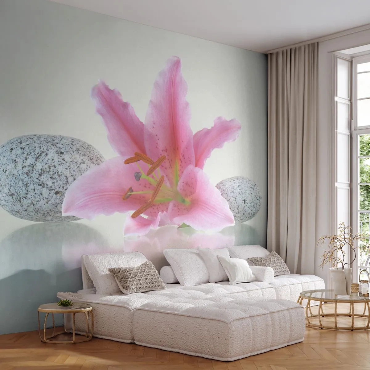 Fotobehang Standard Eco - Roze lelie op een achtergrond van witte stenen - 100x70cm - Een studie in roze, grijs en wit - Moderne wanddecoratie voor woonkamer en slaapkamer ARTTOR
