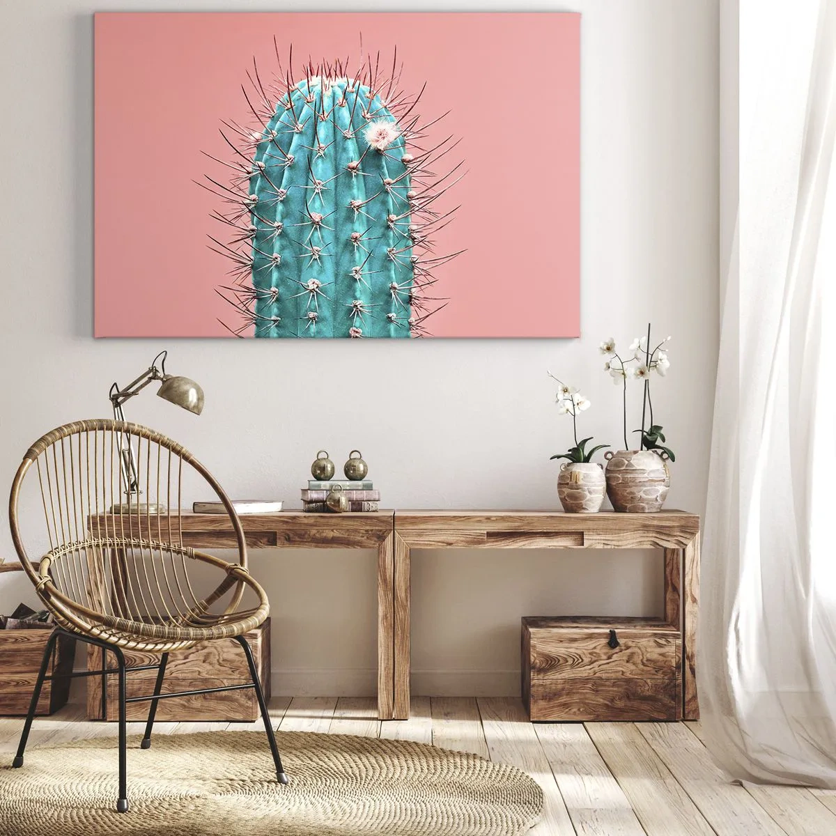 Schilderen op canvas - Een artistieke kijk op een cactus op een roze achtergrond - 70x50cm - Kijk gewoon - Moderne wanddecoratie voor woonkamer en slaapkamer ARTTOR