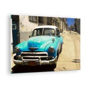 Schilderen op glas - Vintage blauwe auto op straat in de zon - 70x50cm - Evviva Cuba! - Moderne wanddecoratie voor woonkamer en slaapkamer ARTTOR