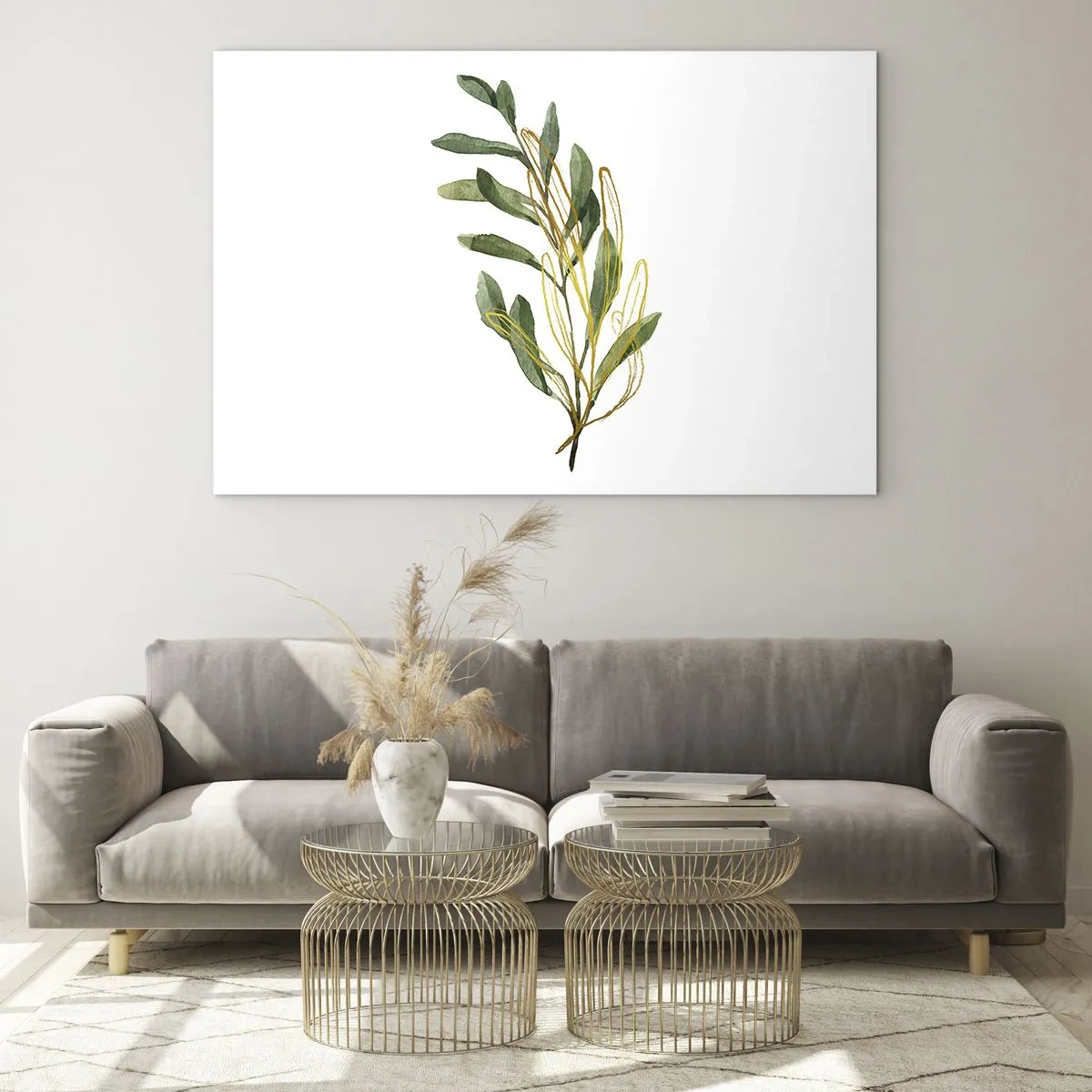 Schilderen op glas - Een groene tak met een delicaat gouden accent - 70x50cm - Alles wat goed is - Moderne wanddecoratie voor woonkamer en slaapkamer ARTTOR