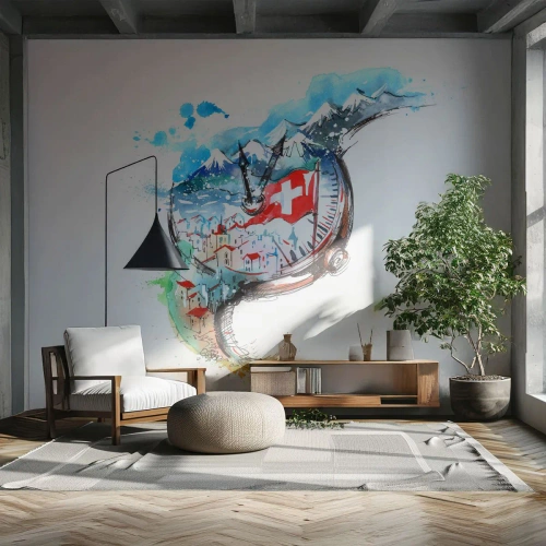 Fotobehang Standard Eco - De geest van Zwitserland - Abstractie, Zwitsers horloge, Alpen - 200x140 cm