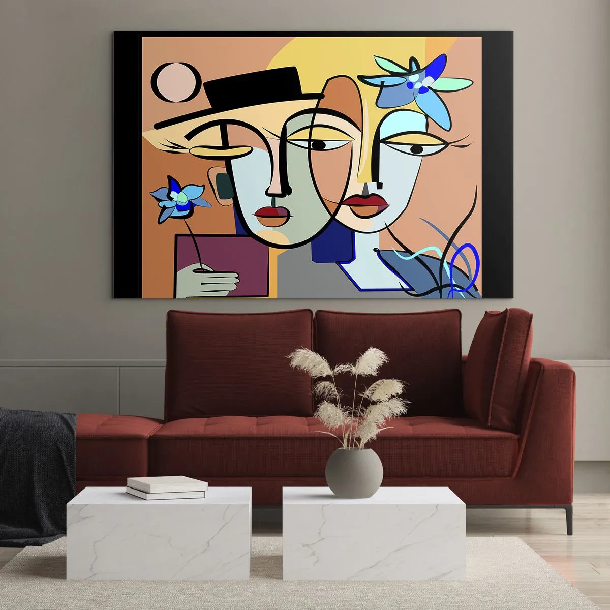 Schilderen op glas - Kleurrijke kubistische gezichten met bloemen - 70x50cm - Picasso's randez-vous - Moderne wanddecoratie voor woonkamer en slaapkamer ARTTOR