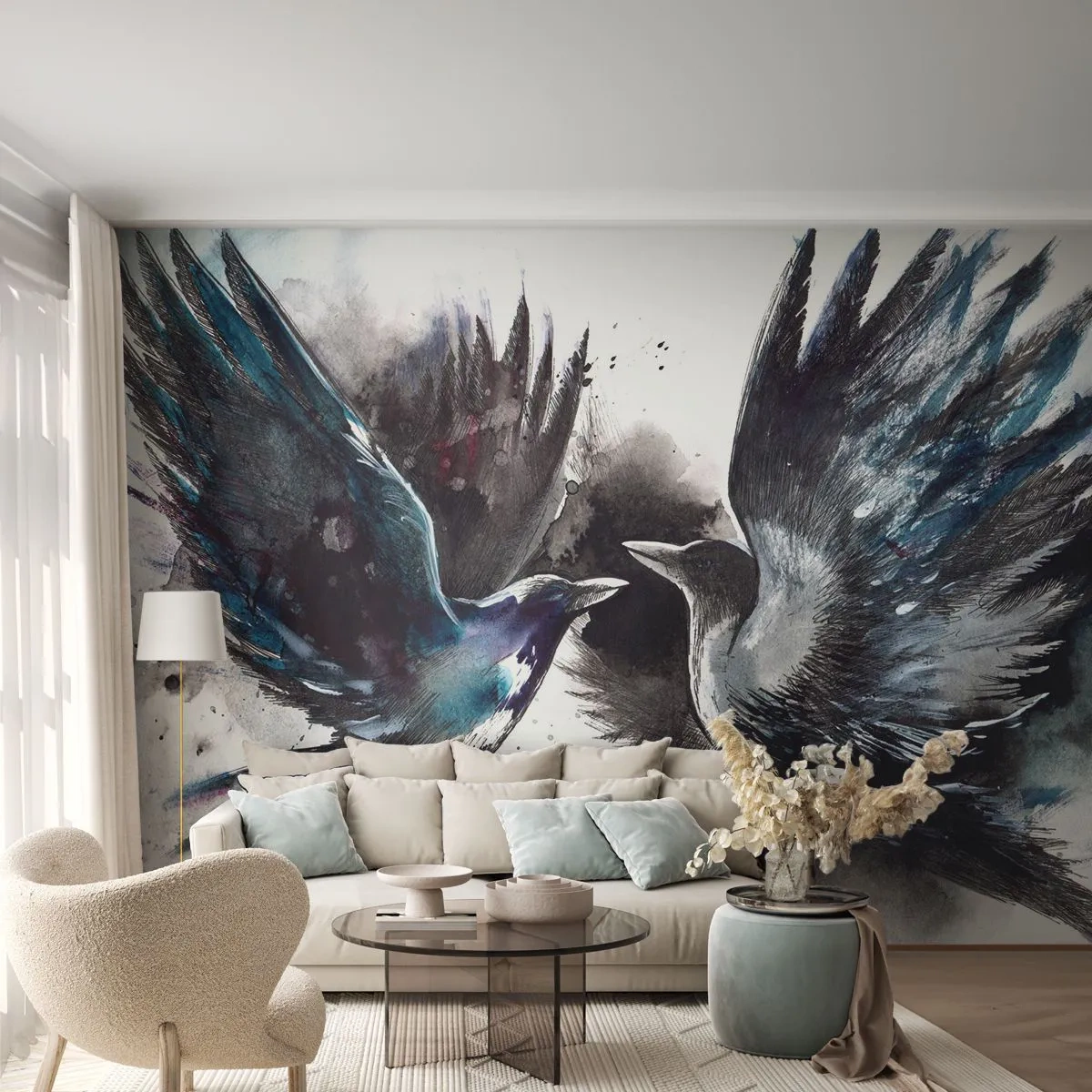 Fotobehang Standard Eco - De ene kraai pikt de andere de ogen niet uit - Abstractie, Vogel, Dieren - 200x140 cm