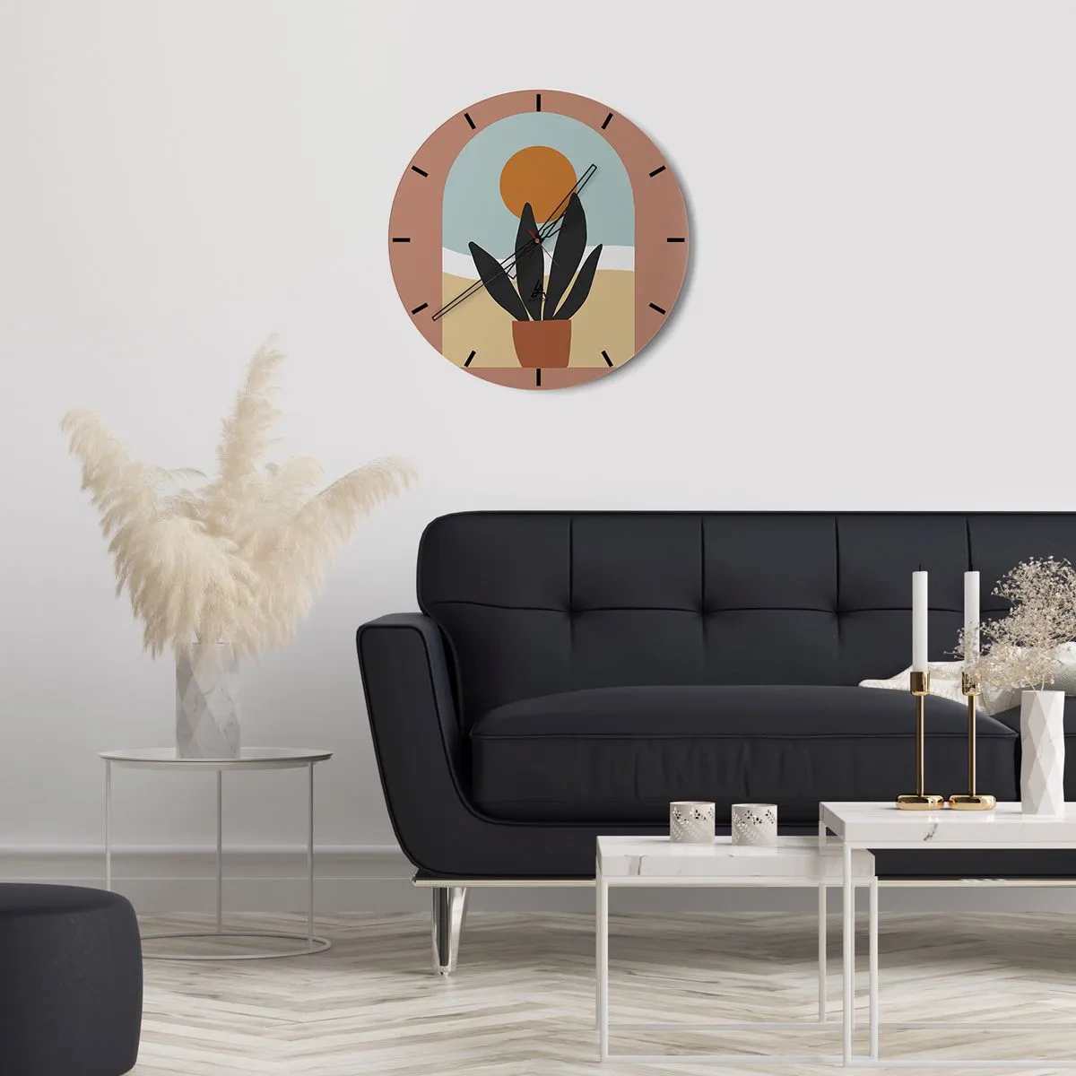 Wandklok - Klok - Een minimalistische potplant tegen de achtergrond van de zon - 30x30cm - Kleine geneugten - Moderne wanddecoratie voor woonkamer, keuken en slaapkamer ARTTOR