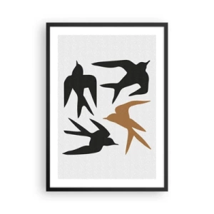 Poster in een zwarte lijst - Gestileerde silhouetten van zwaluwen op een lichte achtergrond - 50x70cm - Zwaluwen spel - Moderne wanddecoratie voor woonkamer en slaapkamer ARTTOR