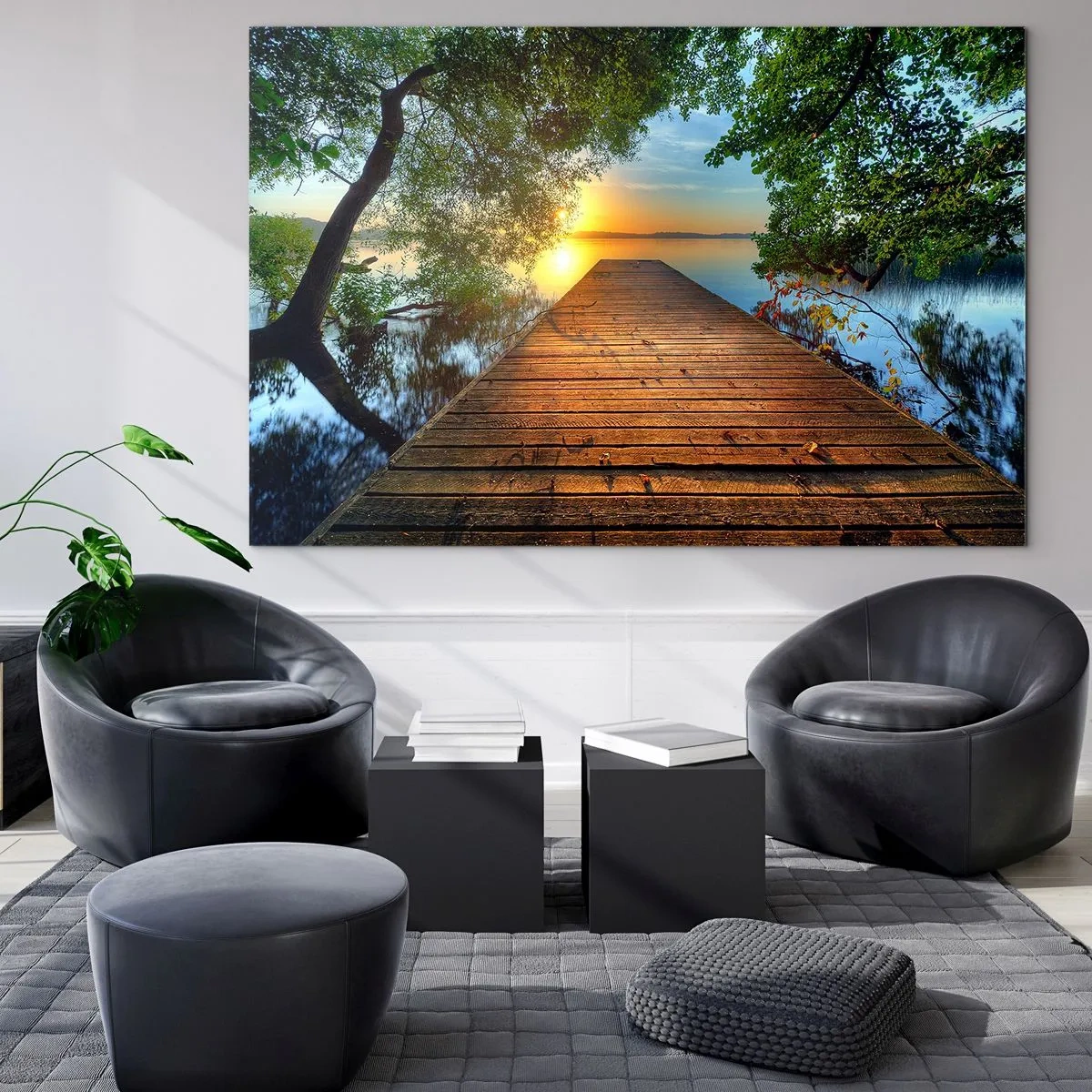 Schilderen op glas - Houten steiger over het meer bij zonsondergang - 70x50cm - Neem de tijd, ga zitten - Moderne wanddecoratie voor woonkamer en slaapkamer ARTTOR