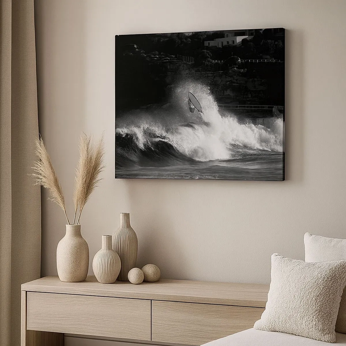 Schilderen op canvas - Een surfer die op een golf rijdt in monochroom - 70x50cm - Uitdaging aanvaard! - Moderne wanddecoratie voor woonkamer en slaapkamer ARTTOR