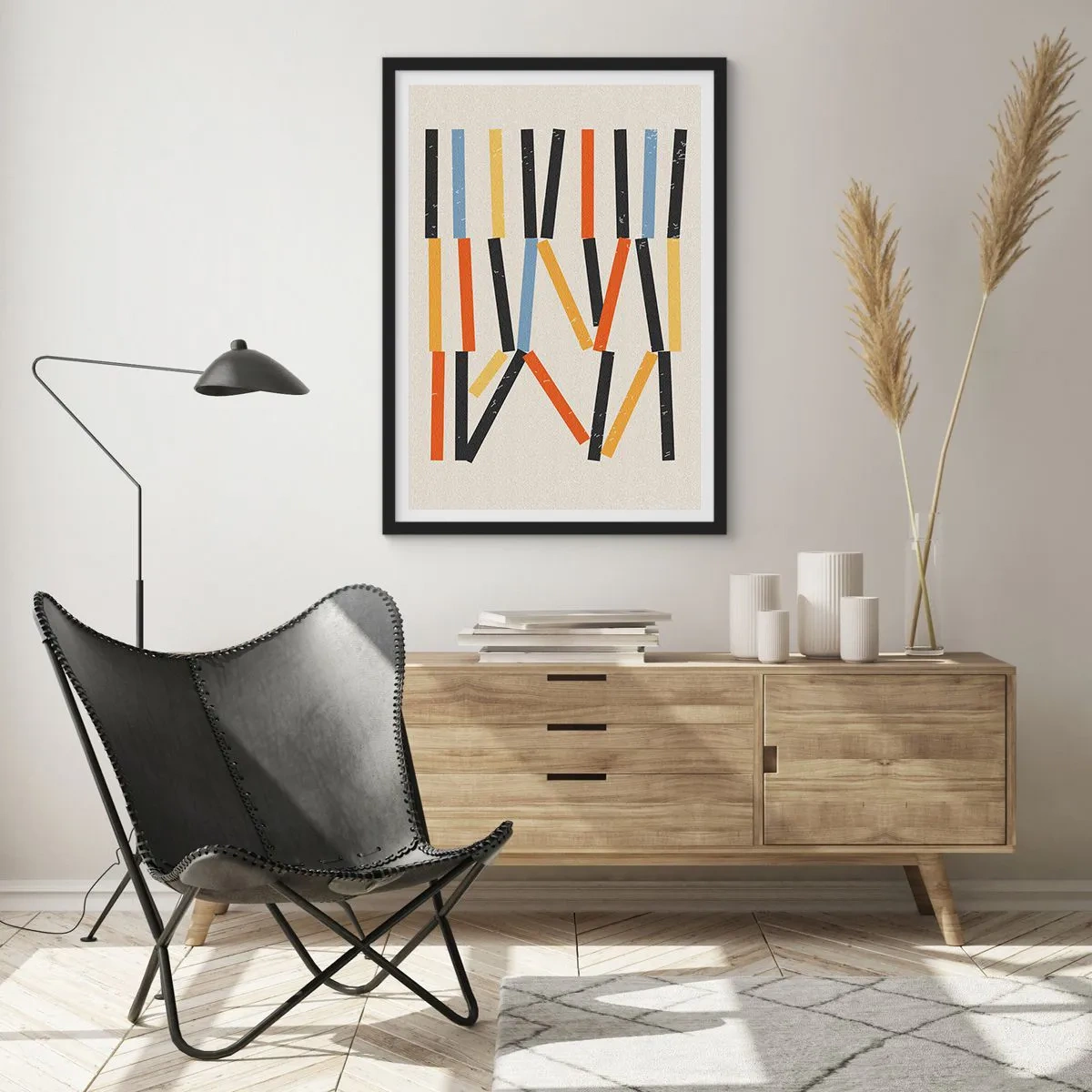 Poster in een zwarte lijst - Kleurrijke geometrische abstractie met verticale lijnen - 50x70cm - Compositie op goed niveau - Moderne wanddecoratie voor woonkamer en slaapkamer ARTTOR