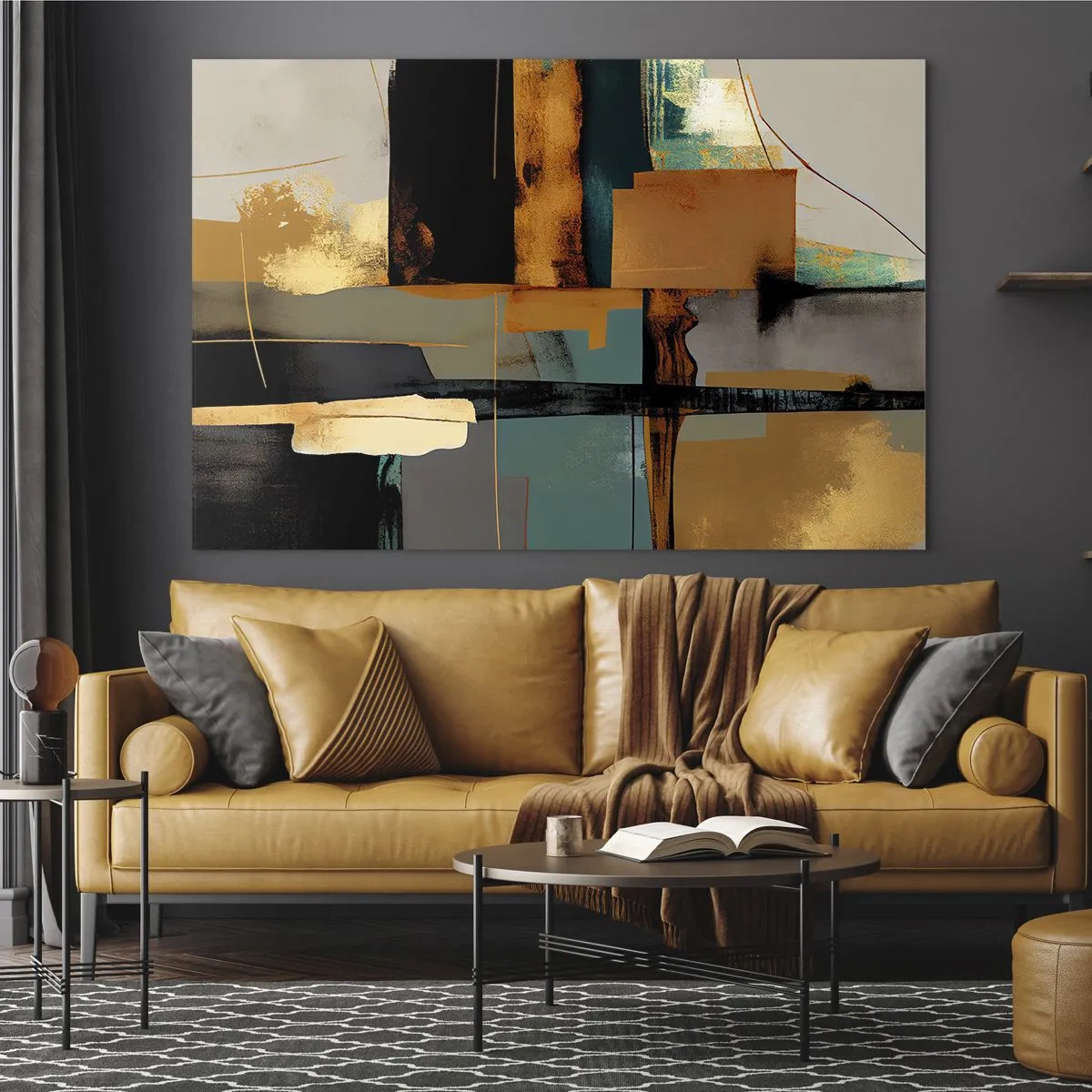 Schilderen op glas - Moderne abstractie met contrasterend goud, zwart en turquoise - 70x50cm - Abstractie – licht en schaduw - Moderne wanddecoratie voor woonkamer en slaapkamer ARTTOR