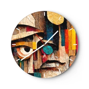 Wandklok - Klok - Kleurrijk gezicht in de stijl van een houten mozaïek gemaakt van geometrische vormen - 30x30cm - Ik zie je… - Moderne wanddecoratie voor woonkamer, keuken en slaapkamer ARTTOR