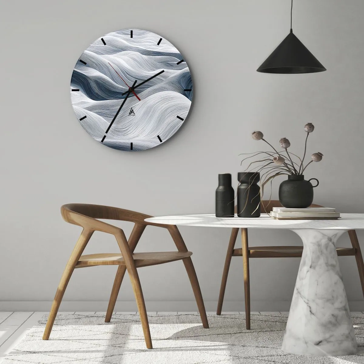 Wandklok - Klok - Grafische, golvende lijnen in wit- en blauwtinten - 30x30cm - Witte en blauwe golven - Moderne wanddecoratie voor woonkamer, keuken en slaapkamer ARTTOR