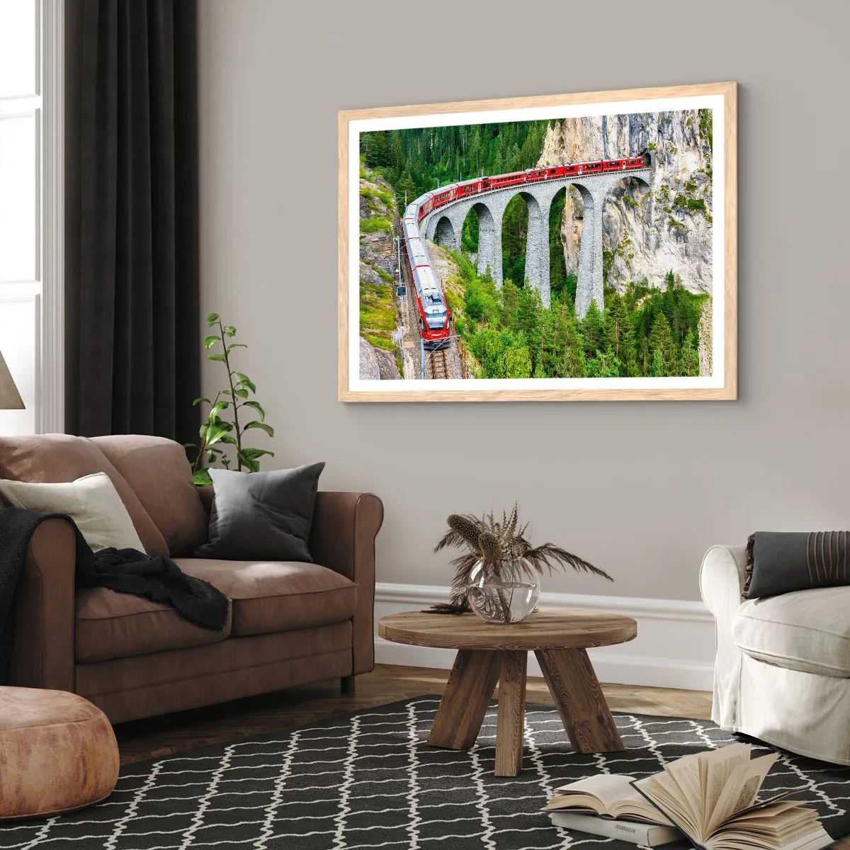 Een poster in een licht eiken lijst - Spoorlijn voor uitzicht op de bergen - 50x40 cm