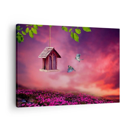 Schilderen op canvas - Een schilderachtig landschap met een vogelhuisje en een zonsondergang - 70x50cm - Uitnodiging voor het avondeten - Moderne wanddecoratie voor woonkamer en slaapkamer ARTTOR