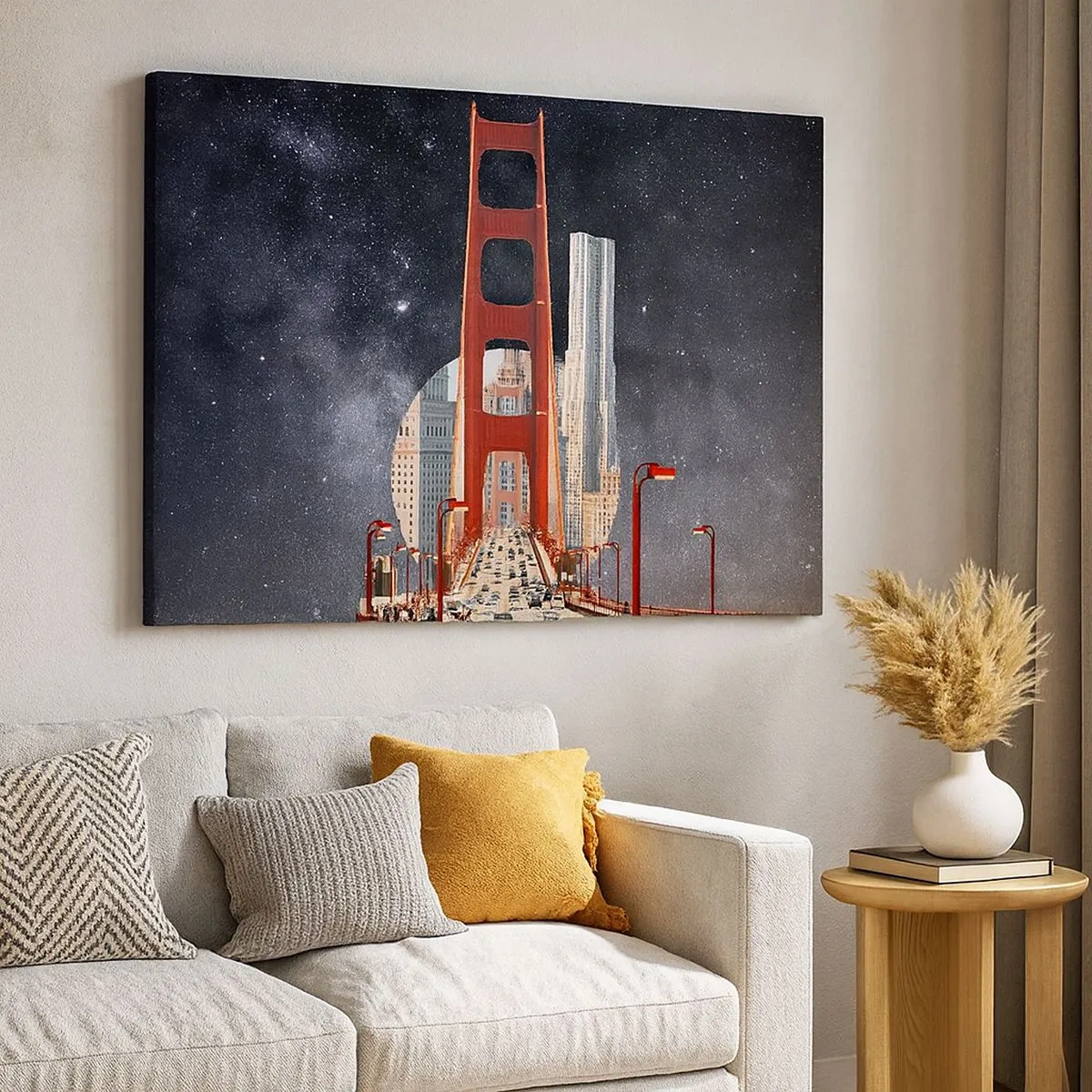 Schilderen op canvas - De Golden Gate Bridge met de stad op de achtergrond tegen een sterrenhemel - 70x50cm - Altijd in het centrum - Moderne wanddecoratie voor woonkamer en slaapkamer ARTTOR