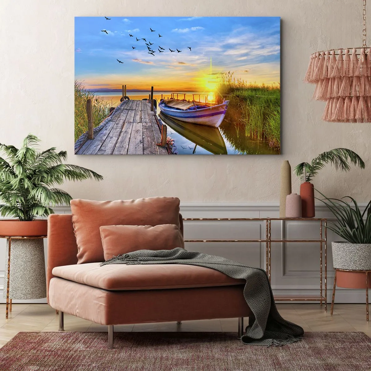 Schilderen op canvas - Een boot bij een houten pier bij zonsondergang - 70x50cm - Ik zie je morgen - Moderne wanddecoratie voor woonkamer en slaapkamer ARTTOR
