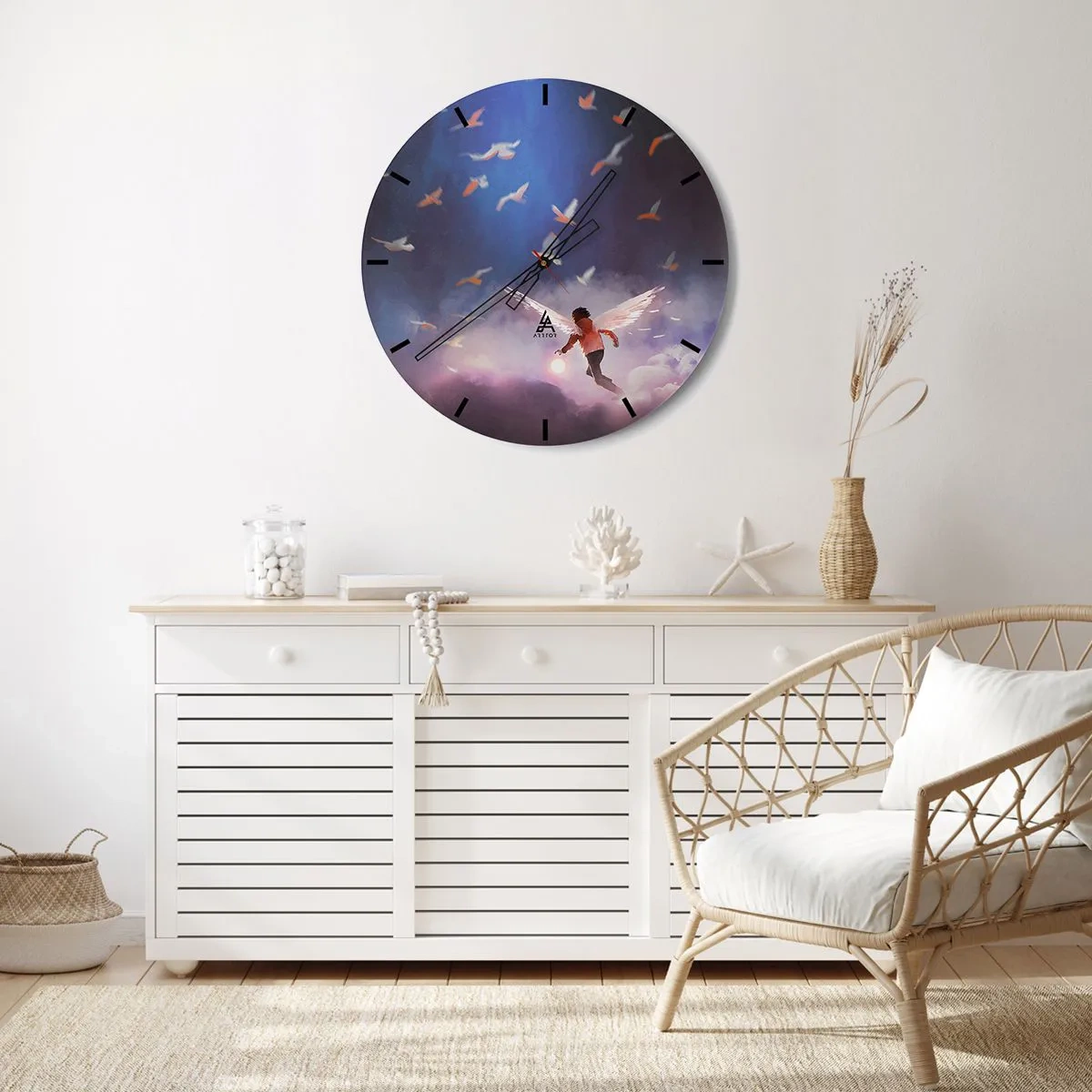 Wandklok - Klok - Een figuur met engelenvleugels tussen vogels tegen de lucht - 30x30cm - Je hebt verbeeldingskracht en moed nodig - Moderne wanddecoratie voor woonkamer, keuken en slaapkamer ARTTOR