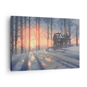 Schilderen op canvas - Een boshuisje in een winterlandschap met de stralen van de ondergaande zon - 70x50cm - Alleen de zon kijkt hier naar binnen - Moderne wanddecoratie voor woonkamer en slaapkamer ARTTOR