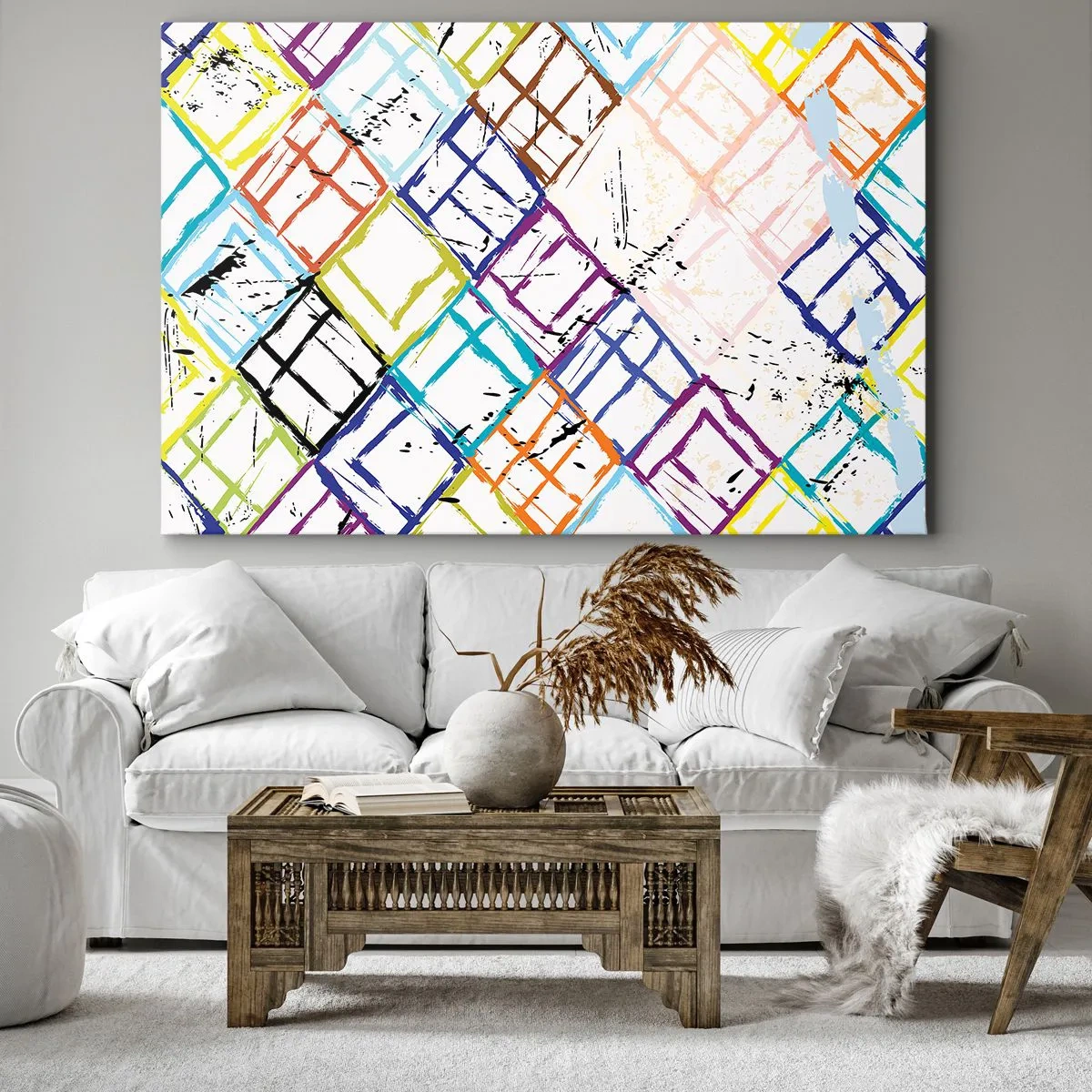 Schilderen op canvas - Kleurrijke abstractie met geometrische vormen op een witte achtergrond - 70x50cm - Cellen te huur - Moderne wanddecoratie voor woonkamer en slaapkamer ARTTOR