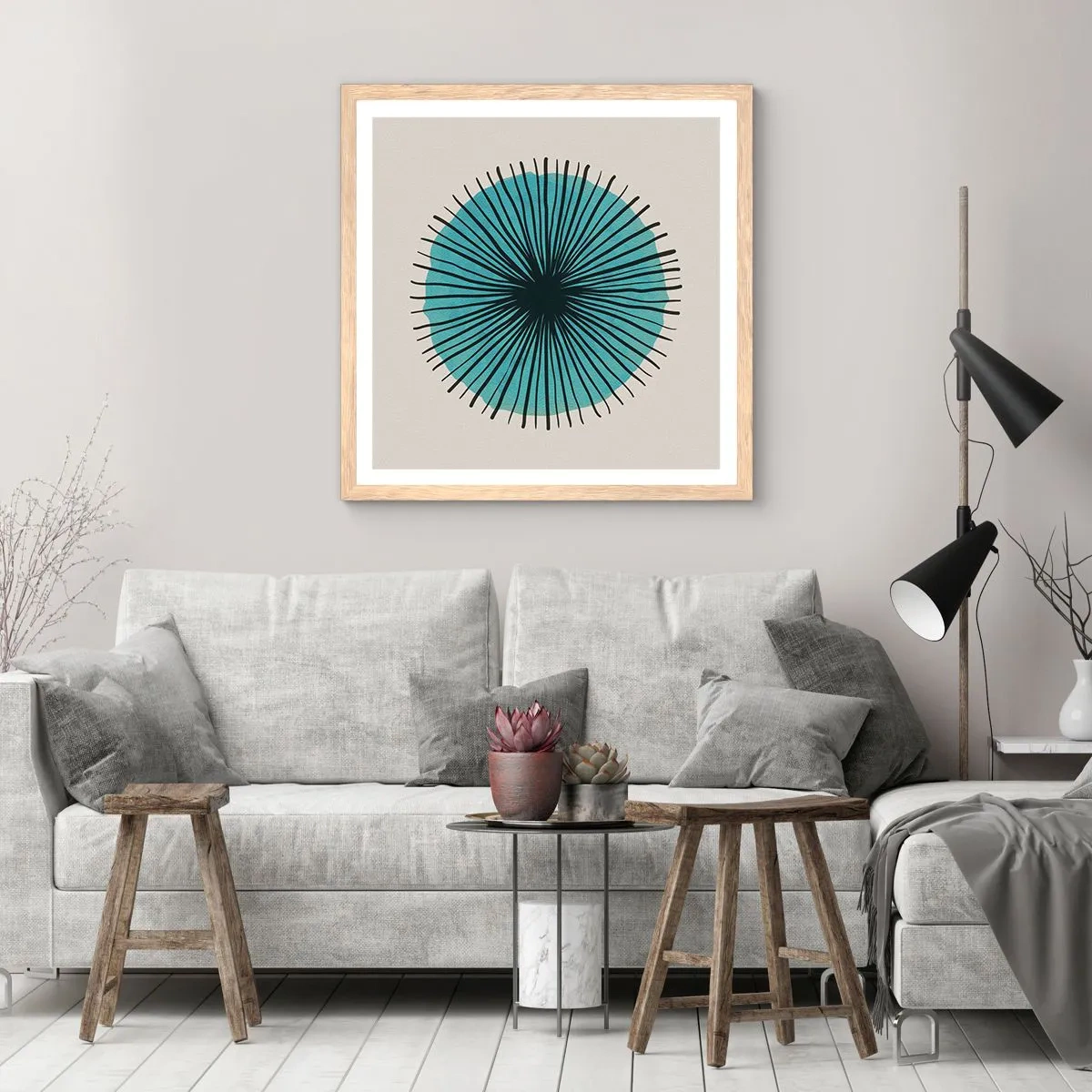 Een poster in een licht eiken lijst - Stralend in het blauw - 60x60 cm