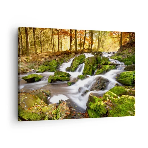 Schilderen op canvas - Een bosrijk landschap met een waterval omgeven door mos - 70x50cm - Snel door het herfstbos - Moderne wanddecoratie voor woonkamer en slaapkamer ARTTOR