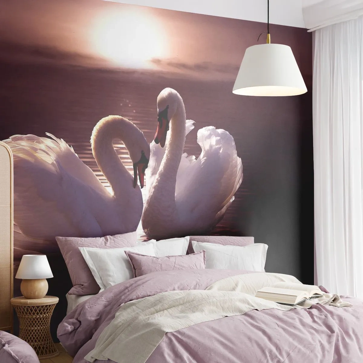 Fotobehang Premium Sand - Tot de dood ons scheidt - Dieren, Landschap, Zwanen - 150x105 cm