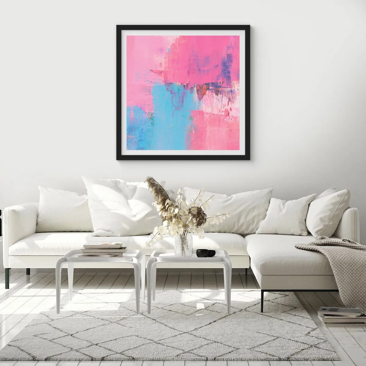 Poster in een zwarte lijst - Roze, blauw en een vleugje licht - 60x60 cm