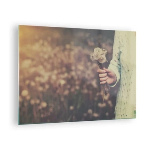 Schilderen op glas - Een hand met een boeket paardenbloemen tegen een wazig veld - 70x50cm - Bewaar ze alsjeblieft - Moderne wanddecoratie voor woonkamer en slaapkamer ARTTOR