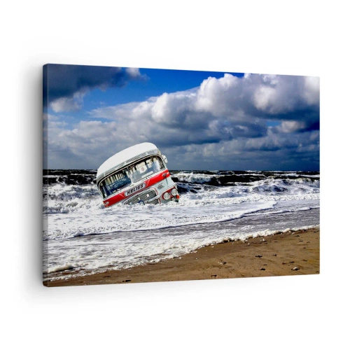 Schilderen op canvas - Een gezonken bus op het strand te midden van golven en ruwe zee - 70x50cm - En je bent verrast? - Moderne wanddecoratie voor woonkamer en slaapkamer ARTTOR