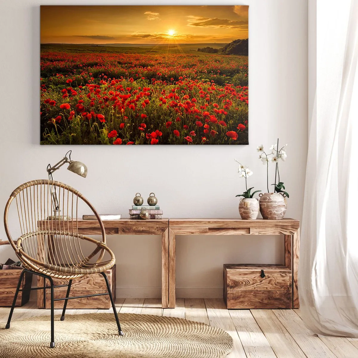 Schilderen op canvas - Een veld met rode klaprozen in de gloed van de ondergaande zon - 70x50cm - Tussen de golven van ruisende weiden, tussen de bloemen van de vloed - Moderne wanddecoratie voor woonkamer en slaapkamer ARTTOR