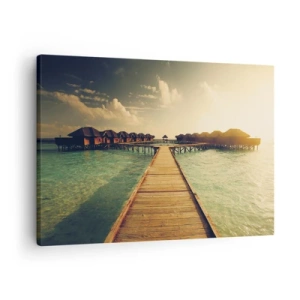 Schilderen op canvas - Een houten steiger die naar de huizen aan het water leidt, verlicht door de zonnestralen. - 70x50cm - Een warme uitnodiging - Moderne wanddecoratie voor woonkamer en slaapkamer ARTTOR