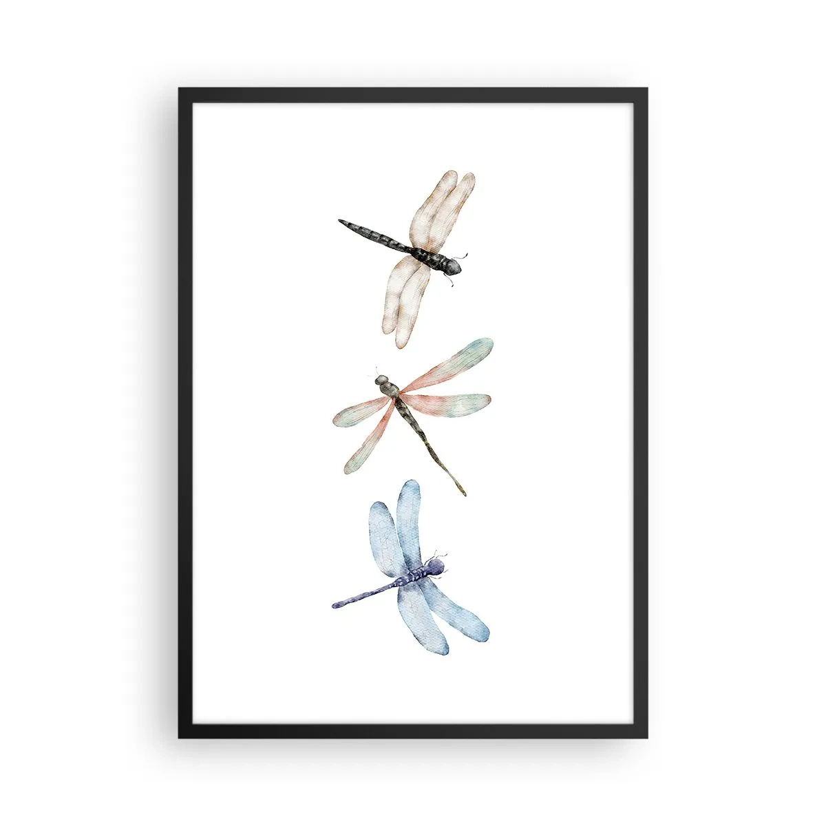 Poster in een zwarte lijst - Drie libellen geschilderd met waterverf - 50x70cm - Gewichtloze libellen - Moderne wanddecoratie voor woonkamer en slaapkamer ARTTOR
