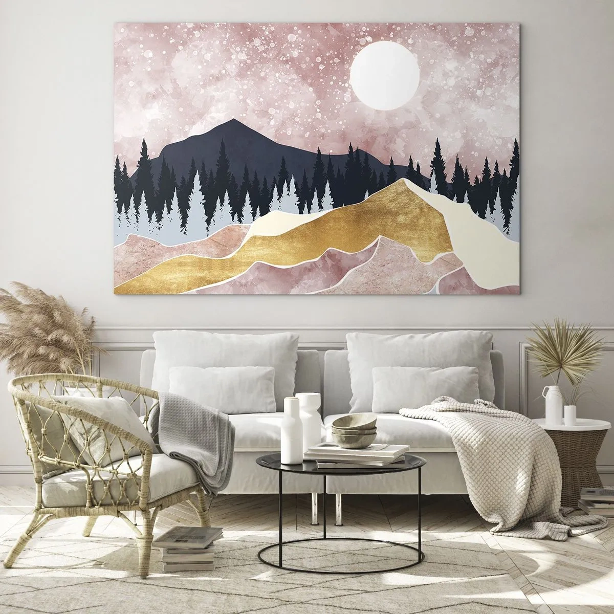 Schilderen op glas - Bergen en bos in het maanlicht tegen een roze lucht - 70x50cm - Nachtwacht - Moderne wanddecoratie voor woonkamer en slaapkamer ARTTOR