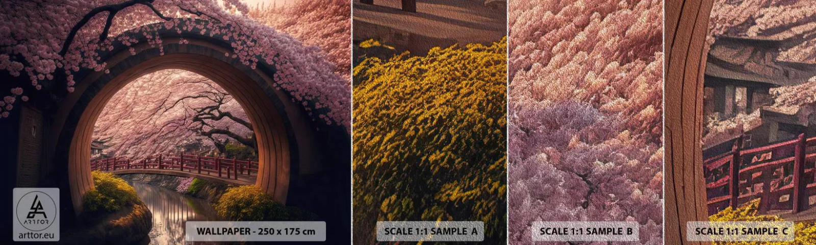 Fotobehang Monster Premium Sand - Japanse lente - Brug, Japan, Japanse kers - 100x30 cm