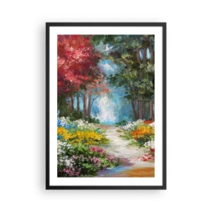 Poster in een zwarte lijst - Een kleurrijke bostuin vol bloemen en bomen - 50x70cm - Bostuin, bloemenbos - Moderne wanddecoratie voor woonkamer en slaapkamer ARTTOR