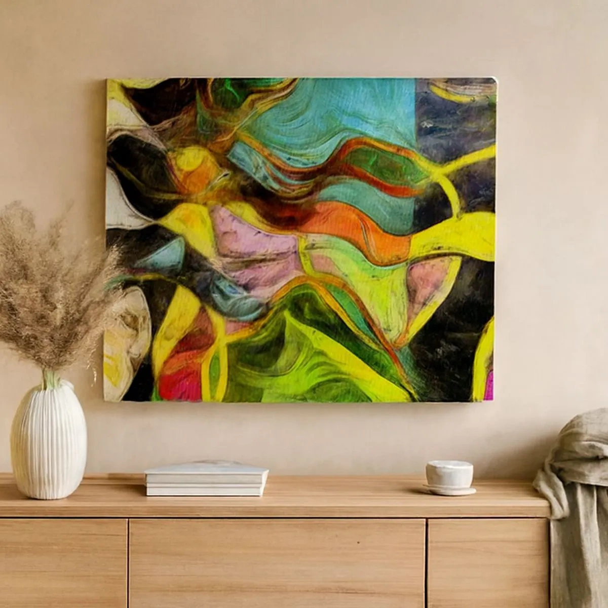 Schilderen op canvas - Een abstracte compositie met kleurrijke vlekken en dynamische lijnen. - 70x50cm - Beweging is leven - Moderne wanddecoratie voor woonkamer en slaapkamer ARTTOR