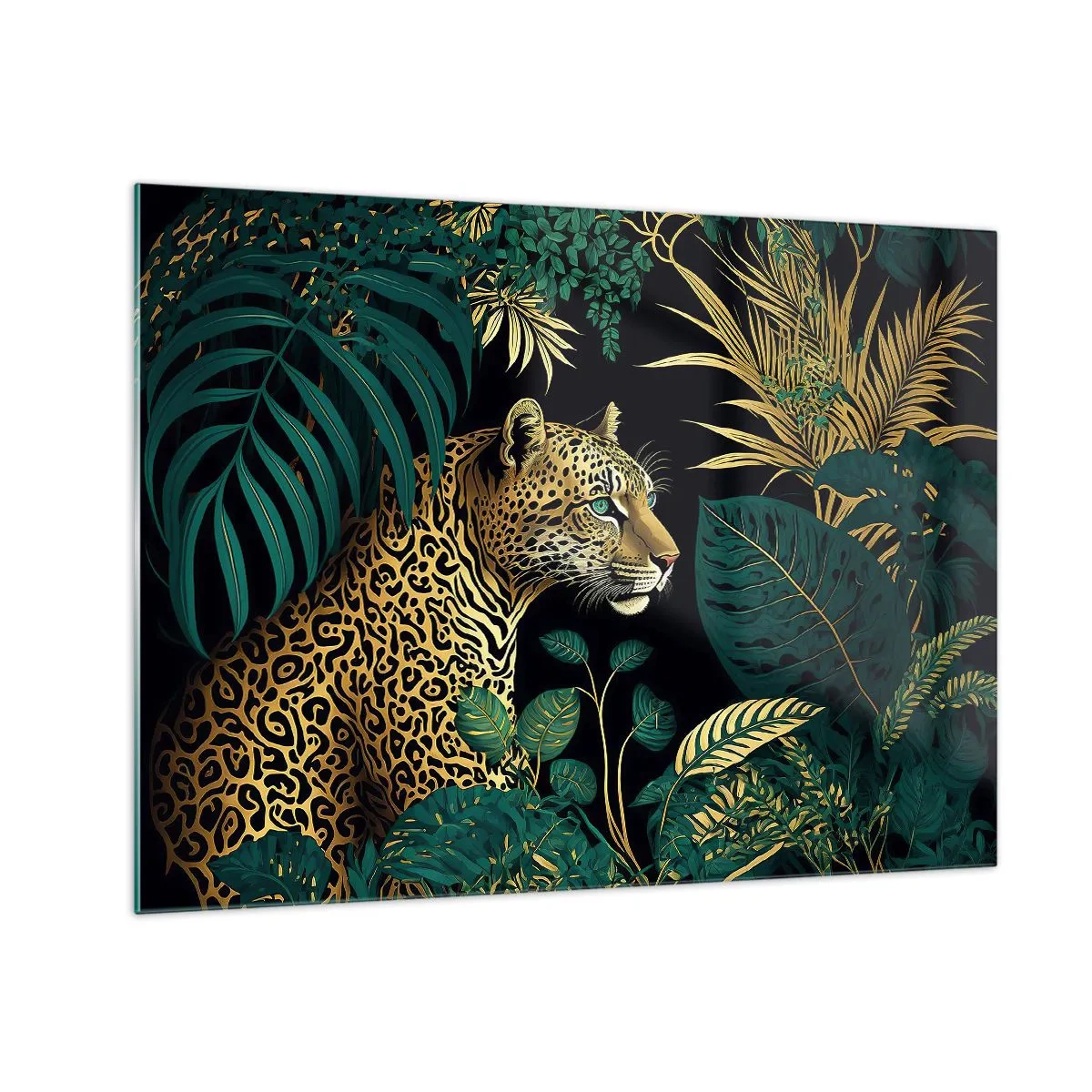 Schilderen op glas - Een luipaard tussen tropische bladeren op een donkere achtergrond - 70x50cm - Een gastheer in de jungle - Moderne wanddecoratie voor woonkamer en slaapkamer ARTTOR