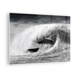 Schilderen op glas - Een krachtige golf vastgelegd in een zwart-witte esthetiek - 70x50cm - De woede van de oceaan - Moderne wanddecoratie voor woonkamer en slaapkamer ARTTOR