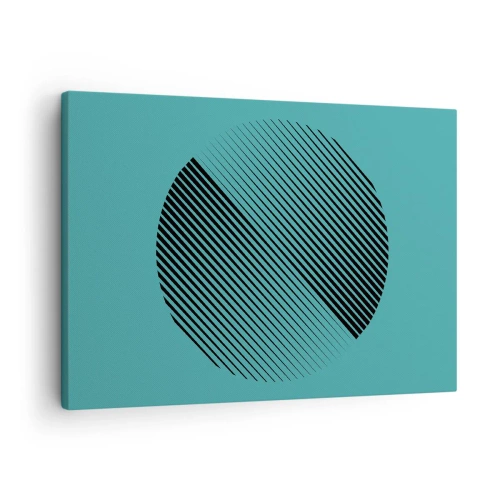 Schilderen op canvas - Een minimalistische cirkel met lijnen op een turquoise achtergrond. - 70x50cm - Cirkel – een geometrische variatie - Moderne wanddecoratie voor woonkamer en slaapkamer ARTTOR